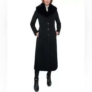Anne Klein Women's Faux‎ Fur collar Maxi Cashmere Blend Coat Black size 12 new!!